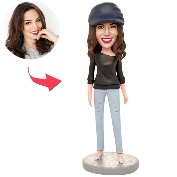 Woman Wearing a Black T-shirt Custom Bobblehead With Engraved Text